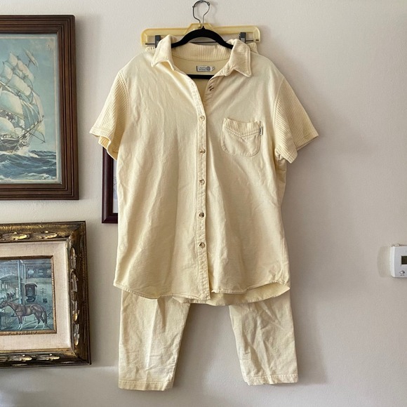 Vintage Pants - Vintage Two Piece Shirt Pants Butter Yellow Set Large Loungewear Cotton Coastal